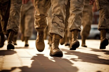 Closeup of a group of soldiers marching with synchronized steps, displaying their discipline and unity. - obrazy, fototapety, plakaty