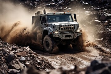 Closeup of a military vehicle braving through rough terrain, a testament to the strength and durability of the machines and the skills of their operators. - obrazy, fototapety, plakaty