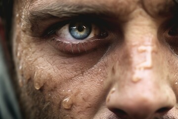Closeup of a hostages weary eyes, filled with resignation and defeat after months of captivity. - obrazy, fototapety, plakaty