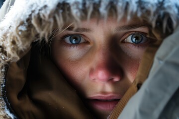 Closeup of a hostages fearstricken expression, frozen in a moment of terror.