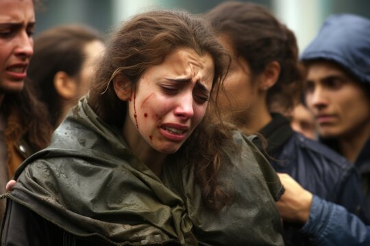 Closeup of a hostages tearstained , as they mourn the loss of their freedom and loved ones.