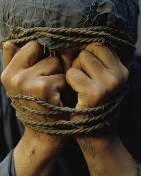The ropes binding their wrists are visible in this closeup, a testament to the captivity and powerlessness of the hostage.