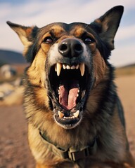 Closeup of a military dog in training, fiercely barking at a target.