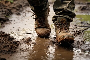 Closeup of a soldiers boot walking through a muddy and rugged terrain.