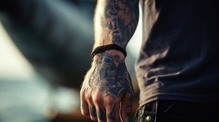 Closeup of a sailors tattooed arm as they steer a ship through rough waters, demonstrating their strength and experience.