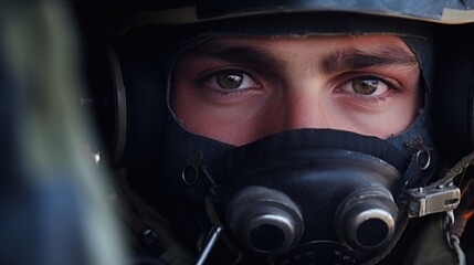 Fototapeta na wymiar Closeup of an Israel soldiers determined face as he prepares to jump out of an airplane during a parachute training exercise.