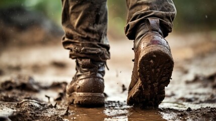 Closeup of an Israel soldiers mudstained boots, evidence of long hours spent training in harsh conditions.
