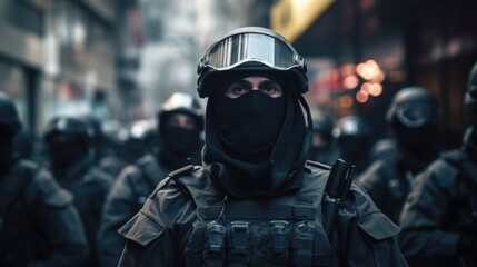 Closeup of an Israeli soldier in riot gear, protecting civilians during a protest in a tense and volatile situation. - obrazy, fototapety, plakaty