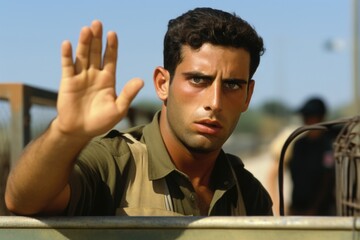 Closeup of an Israeli soldier at a checkpoint, questioning a passerby with a raised hand and a serious expression. - obrazy, fototapety, plakaty