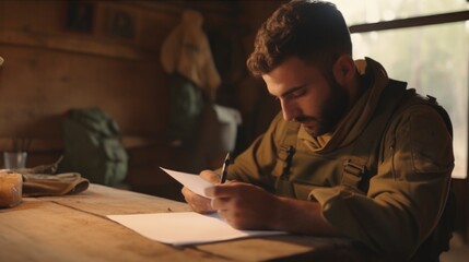 Closeup of an Israeli soldier writing a letter to his family, his face solemn and filled with emotion as he thinks of his loved ones back home. - obrazy, fototapety, plakaty