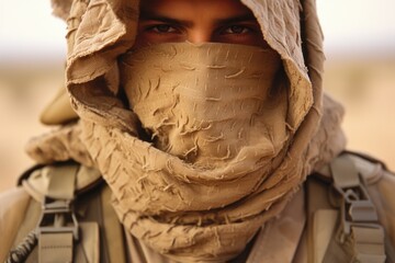 Closeup of an Israel soldiers camouflage uniform, blending in with the desert terrain.