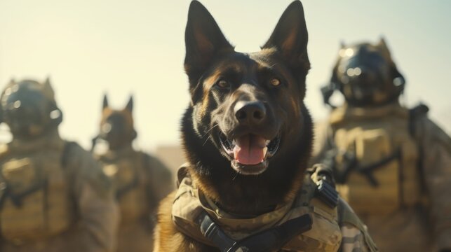 Closeup of a military dogs intense gaze as they lead their handler through a dangerous area.