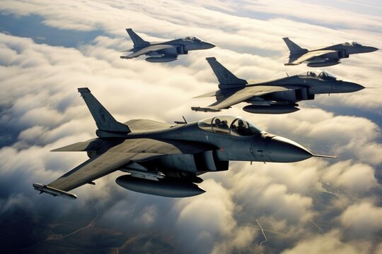 Closeup of a squadron of jet fighters flying in formation during an air show.