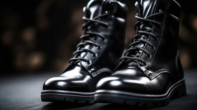 Macro shot of polished black combat boots, a symbol of pride and discipline in the military.
