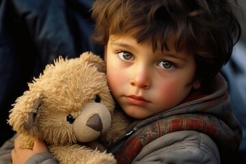Closeup of a young refugee boy, his eyes full of hope as he clutches onto a toy donated by a kind stranger.