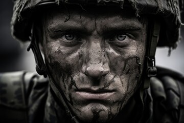Gripping closeup of a soldiers clenched jaw and sweatcovered brow, demonstrating the mental and physical strain of combat.