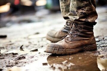 A soldiers stained boots take center stage in this closeup, a symbol of the brutality and toll of war.