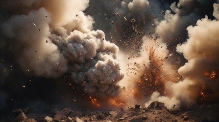 Smoke and debris filling the closeup frame as bombs explode in the distance.
