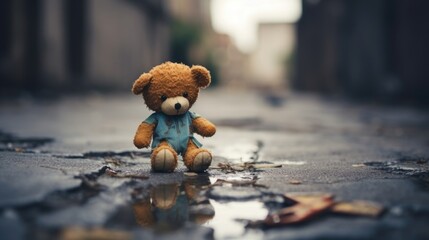 Closeup of a childs toy abandoned on a orn street, a heartbreaking image of innocence lost. - obrazy, fototapety, plakaty