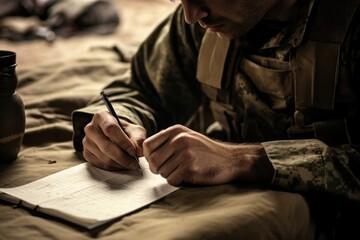 Closeup of a soldier writing a letter home, tears falling onto the page as they share their...