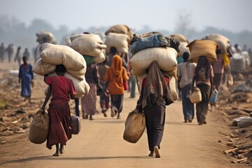 Closeup of a group of refugees fleeing their homes, their belongings sped to their backs. - obrazy, fototapety, plakaty