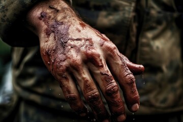 Closeup of a soldiers stained hand, a reminder of the intense and deadly nature of war.