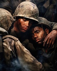 Closeup of a group of soldiers huddled together, comforting each other and finding solace in the bond of brotherhood amidst the chaos of war.