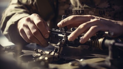Closeup of a soldiers hands meticulously assembling and cleaning a rifle. - obrazy, fototapety, plakaty