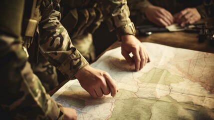 Tightly cropped shot of a soldiers hands gripping a map as they plan a strategic operation.