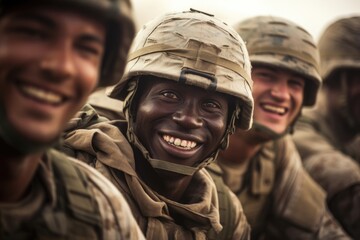 A closeup of soldiers sharing a moment of laughter amidst the seriousness of their duties.