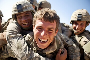 Fototapeta premium Closeup of soldiers carrying a ed comrade to safety, showcasing the bond of brotherhood in the military.
