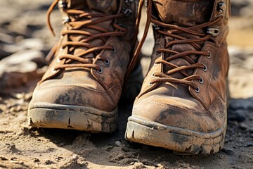 Detailed view of a soldiers muddy combat boots, adorned with scuffs and battle scars.