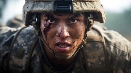 Closeup of a soldiers determined eyes as he charges forward in full military gear.