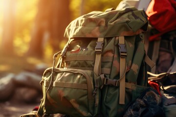 Closeup of a soldiers backpack filled with supplies, a reminder of the selfsufficiency and endurance required in the field.