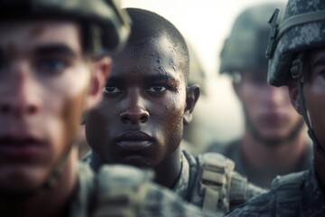 A group of soldiers standing in formation, closeup on the determination in their eyes.