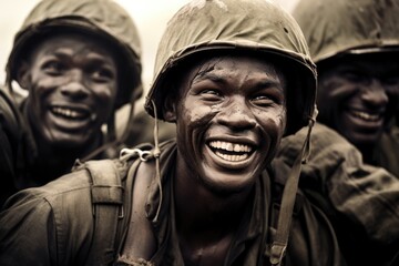 Closeup of a group of soldiers sharing a laugh and camaraderie, a glimpse of the lighter moments amidst the seriousness of their duties.