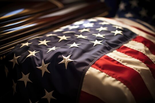 Closeup of a flag dd over a coffin, a solemn symbol of the sacrifices made in war.