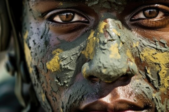 A soldiers face covered in camouflage paint, closeup on the intensity and readiness for combat.