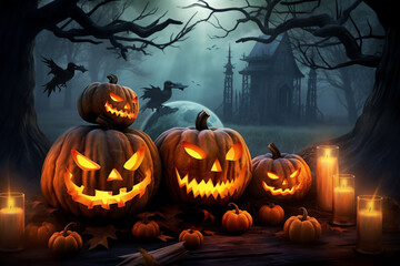 Halloween pumpkin head jack lantern with burning candles, Spooky Forest with a full moon and wooden table, Pumpkins In Graveyard In The Spooky Night - Halloween Backdrop