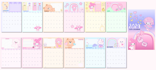 calendar for 2024. posters for notes with tlat rainbow colours Planners for schoolchildren. Cartoon character flat vector collection isolated kawaii organizer 12 month