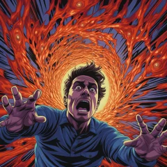 Fotobehang an afraid man falling into a fiery vortex © Blackbird