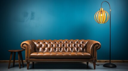 Vintage sofa and lamp on a blue wall. Generative AI