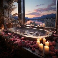 Candlelit bathtub with rose petals and candles