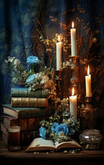 White candles, herbs, blue flowers, and books.