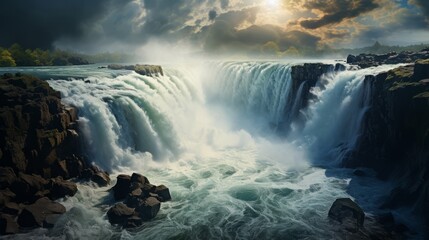 Fototapeta premium Waterfall surrounded by clouds. Generative AI