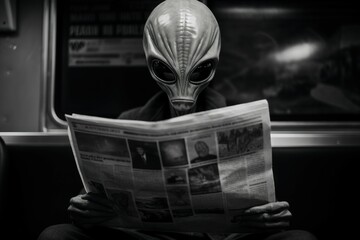 Intriguing alien read newspaper. Monster ufo. Generate Ai