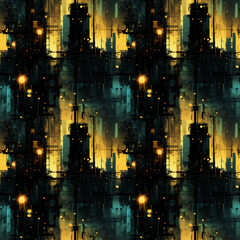 Fototapeta na wymiar Cyberpunk Grunge City Background with Urban Decay. Seamless Repeatable Background.