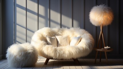 White fur armchair near a wall with fur decor. Generative AI - obrazy, fototapety, plakaty