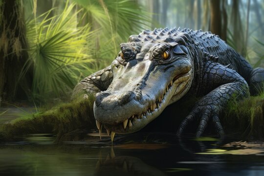 Slithering alligator head. Tropical reptile wild. Generate Ai
