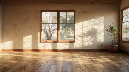 Wooden empty room of a house or ranch with sun rays. Generative AI